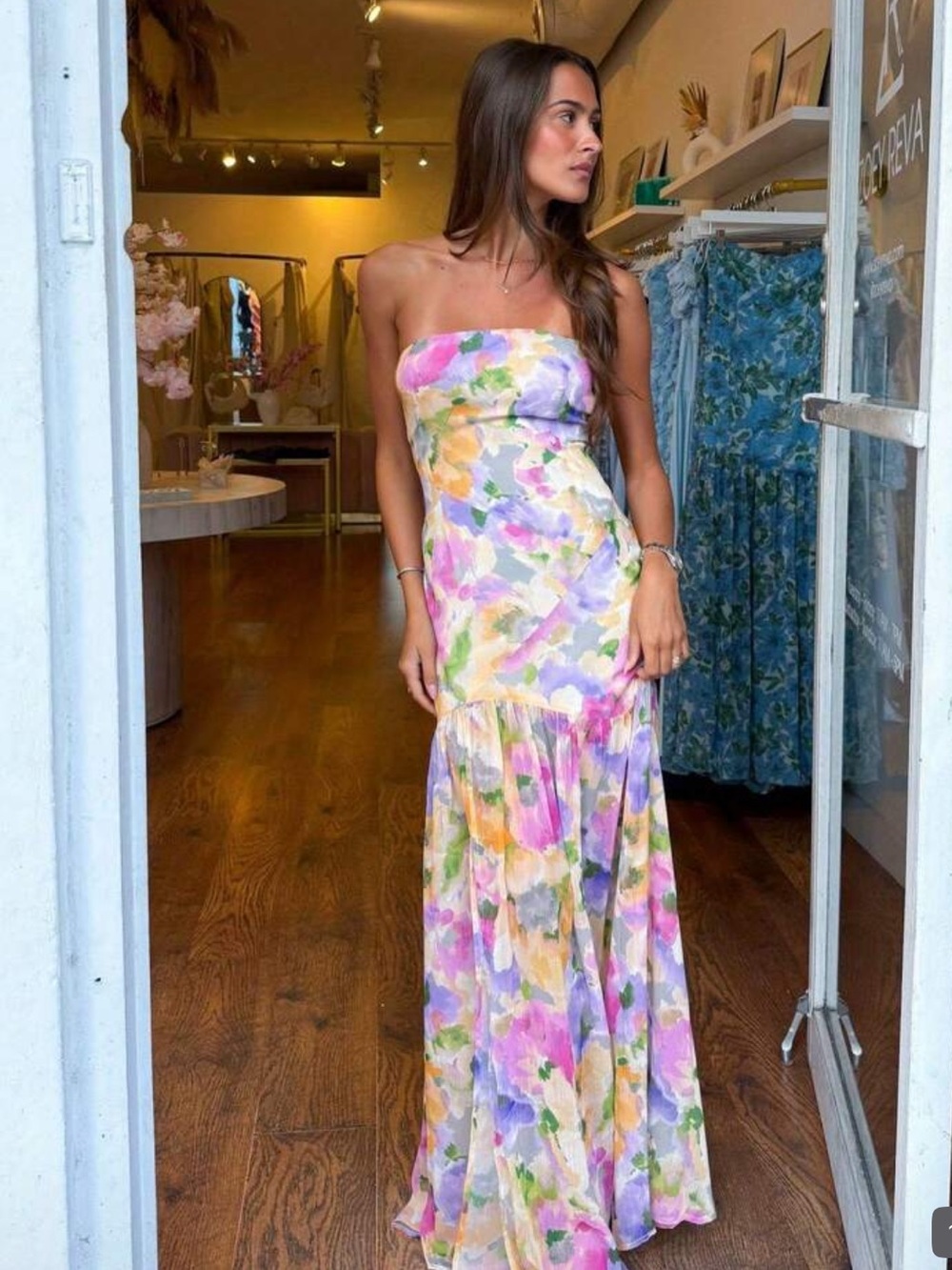 Strapless Floral Maxi Wedding Guest Dress in Pastel Multi